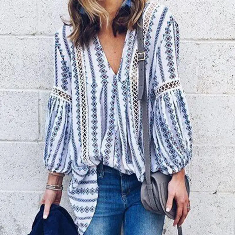 Для женщин V вырез горловины пуловер с длинными рукавами синий печать свободные