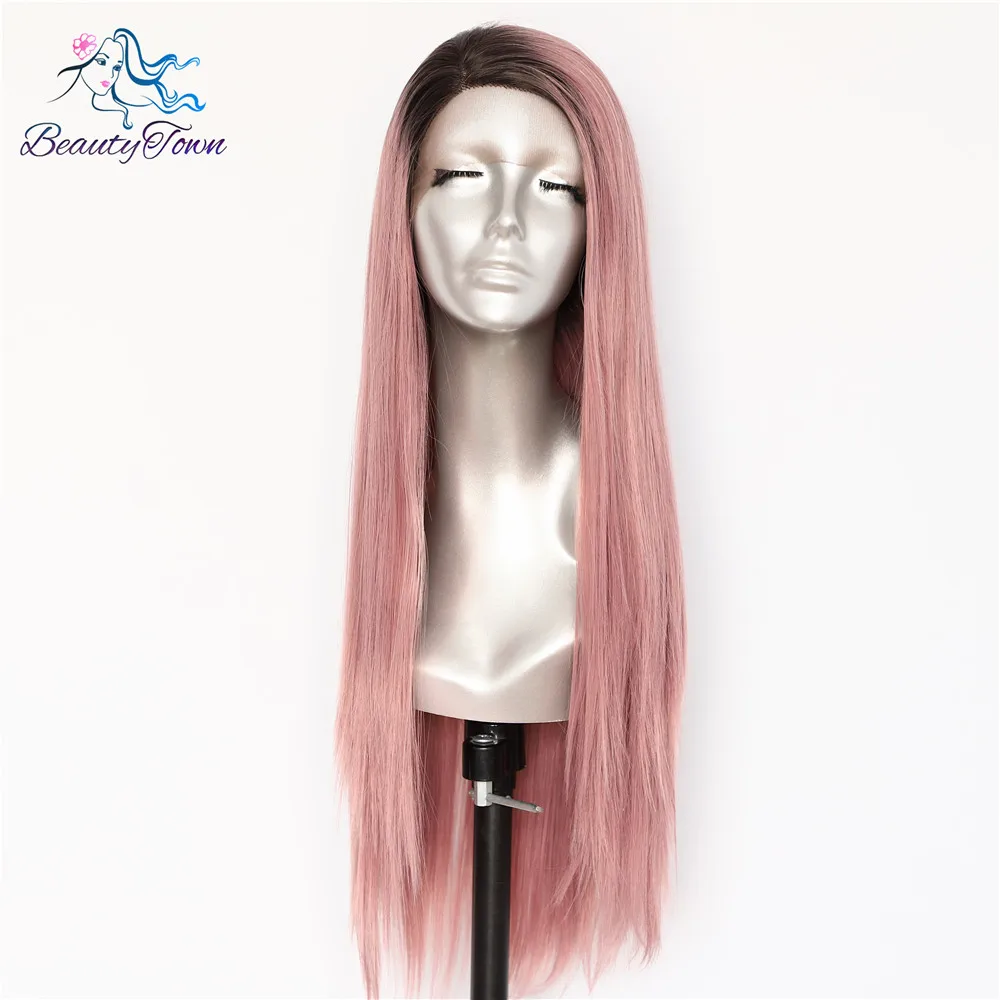 BeautyTown темный корень Ombre Розовый L кружевная часть ежедневный макияж прямые Термостойкие волосы для свадебной вечеринки синтетические парики на кружеве - Цвет: Розовый