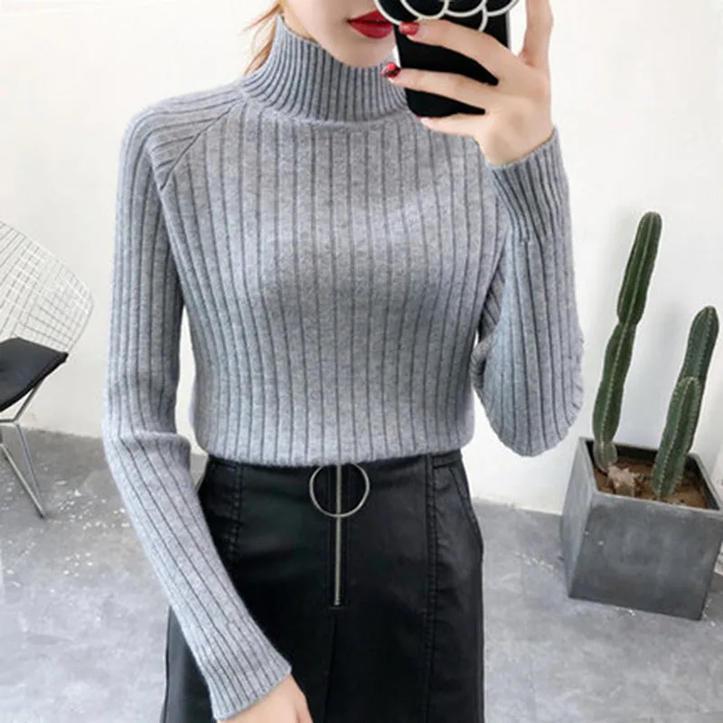 

7 colors 2019 spring autumn Women Loose sweater Solid Half high collar sweater women slim sexy tight Bottoming Knitted Pullovers