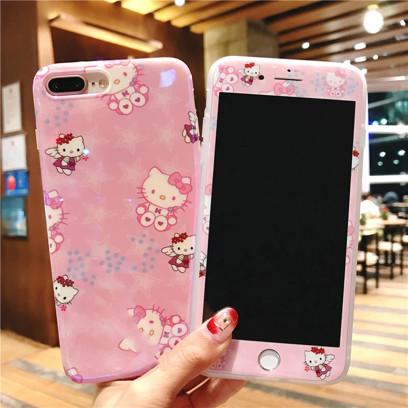 Cute hello Kitty case For iPhone 8 8Plus Tempered Glass Screen film &amp blue ray KT soft Cover for X 7 7plus 6 6S 6SPlus |