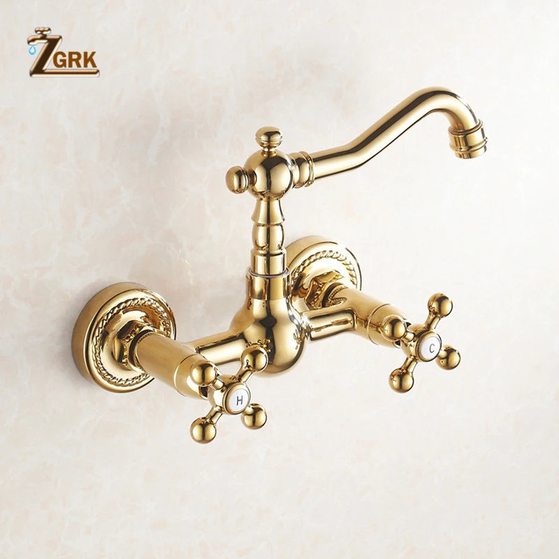 zgrk 360 swivel brass bathroom golden basin sink mix tap bathtub dual handles wall mounted kitchen basin sink mixer faucet free global shipping