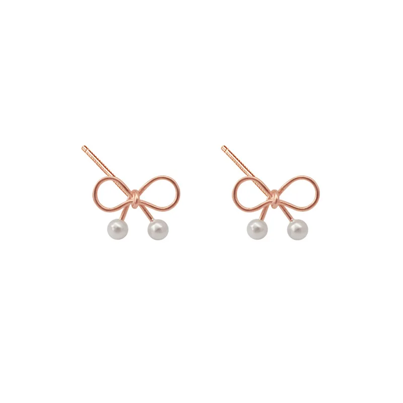 bow pearl rose golden earrings 100% 925 Sterling silver Jewelry fashion Hypoallergenic Stud for women girl gift | Украшения и