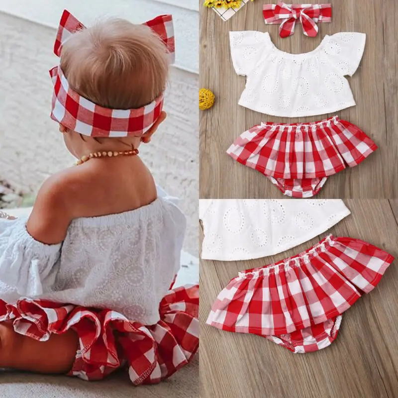 

Newborn Baby Girl Clothes Solid Lace Tops+ Tutu Plaid Shorts+Headband 3PCS Summer Outfits Kids Clothes 0-24M