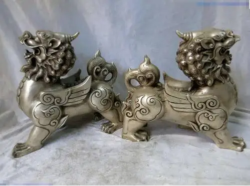 YM 306 9 &quotКитайская Серебряная резная скульптура счастливая собака львы Единорог