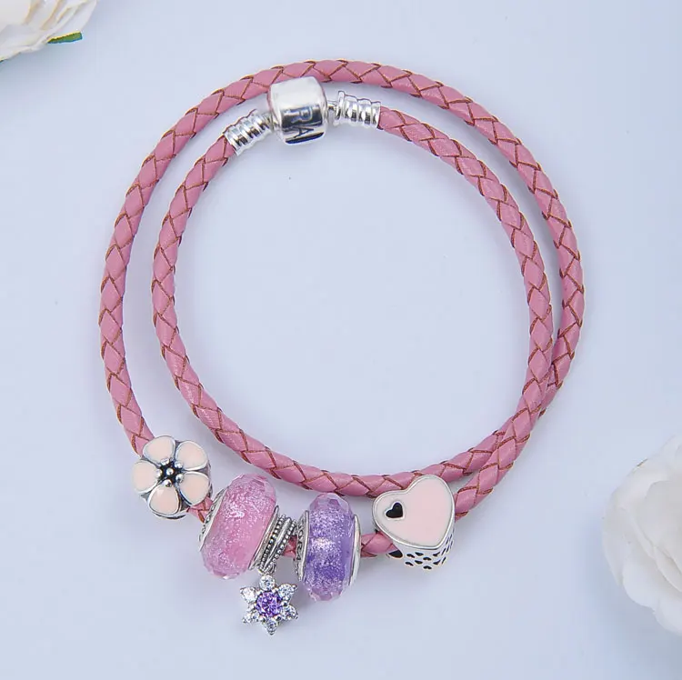 Двойные круги Серебряный Браслет Розовый Плетеный Канат Кожаные Браслеты Цепи