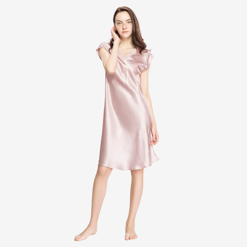 LilySilk Женские шелковой ночная рубашка шелк ткань атласное большой длины расслабленной форме 22 mommeс коротким рукавом платье вечернее эротическое белье - Цвет: Rosy Pink