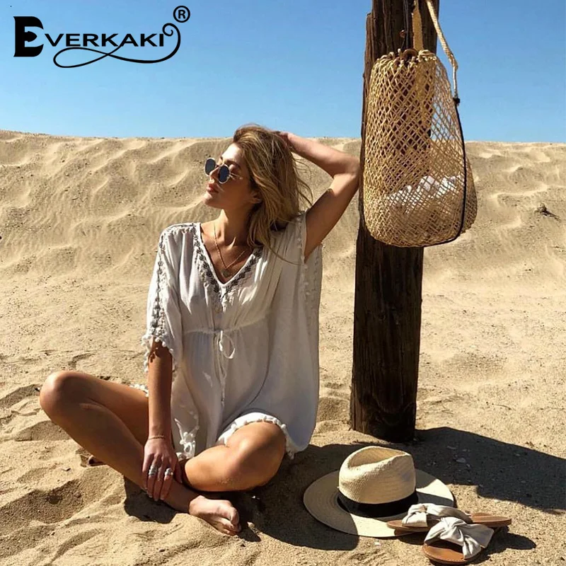 Everkaki шифоновое белое богемное мини платье женское свободное пляжное для женщин с