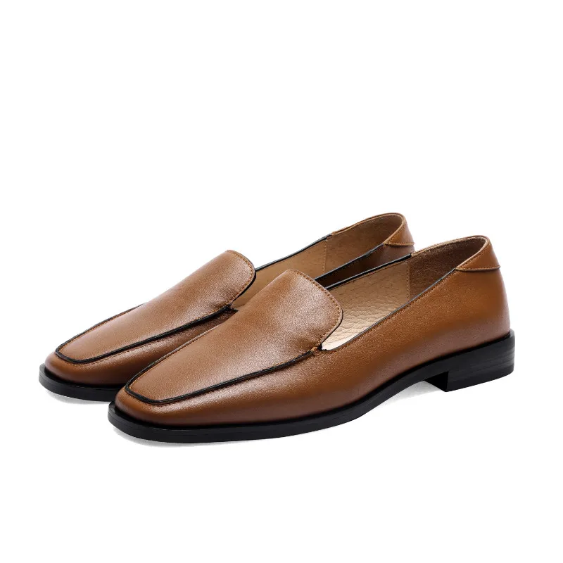 brown Brand Shoes Women Loafers Soft Leather Flats Basic Square Toe Fashion Ladies Loafers Genuine Leather Women Casual Shoes - Цвет: brown