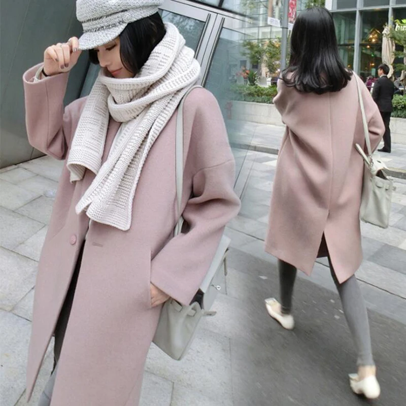 

2019 Korean version fashion Woolen long coat woman spring autumn Large size double pocket Thick coat S-3XL cc220