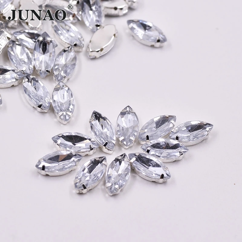 JUNAO 7*15mm Sew On Clear Horse Eye Rhinestone Silver Applique Flatback Acrylic Gems Sewing Strass Crystal Stones for DIY Dress