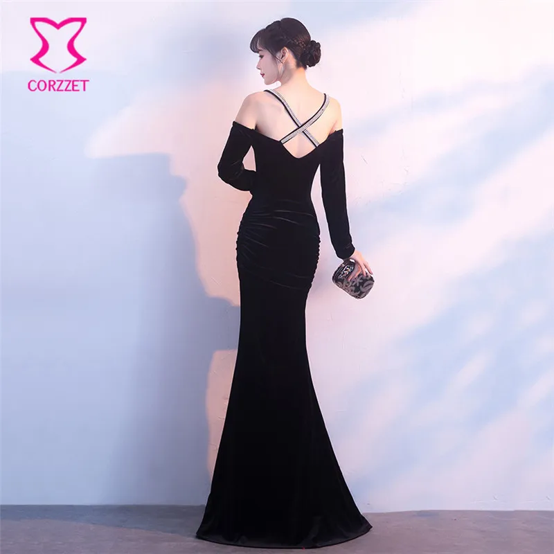 Black Velvet Deep V Neck Diamond Strap Backless Full Sleeve Side Split Mermaid Party Dress Women Banquet Nightclub Sexy Dresses | Женская