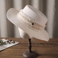 elegant lace trim white black wide brim sun hat for women adjustable flat paper straw canotier upf 50 beach hat lady summer hat
