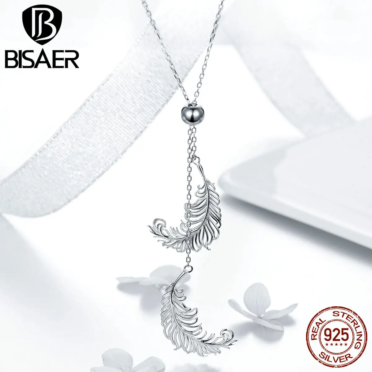 BISAER 925 пробы Серебряная винтажная подвеска с перьями Длинная цепочка ожерелья для женщин Дубай Свадебные ювелирные изделия ECN322