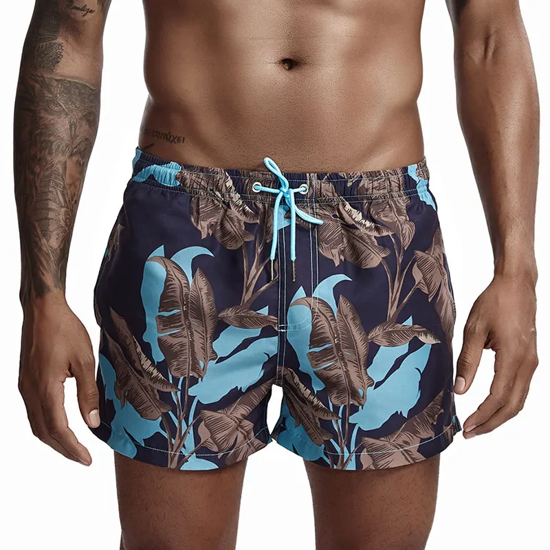 Casual Mens Swim Trunks Quick Dry Leaf Printed Beach Shorts Summer Swimwear Men Boardshorts Male Liner Swimming Bathing Suits