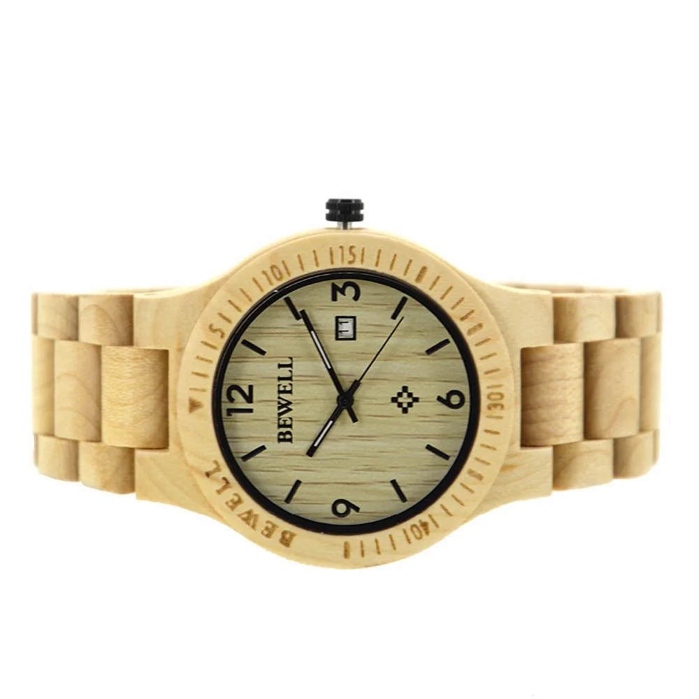 Мужские часы BEWELL модные деревянные с отображением даты и светящимися