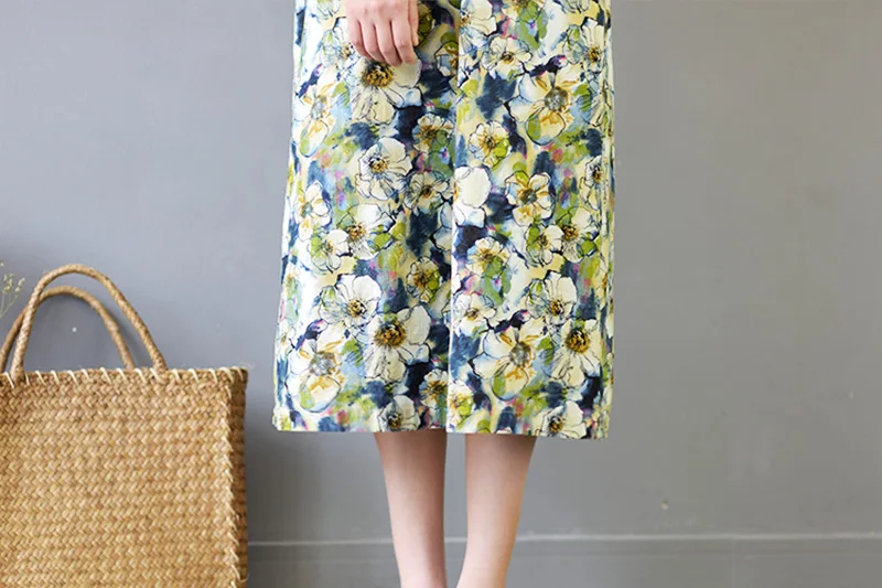 SCUWLINEN Vestidos, летнее платье, винтажный цветочный принт, ручная работа, плоские пуговицы, короткий рукав, ТРАПЕЦИЕВИДНОЕ льняное платье для женщин S366