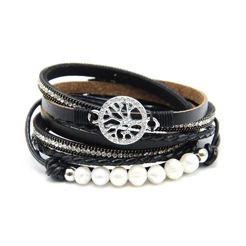 black ZG Multiple Layers Punk Leather Bracelet For Men& Women Tree of Life jewelry Pearl Rhinestone Braid Charms Bracelets femme - Окраска металла: black
