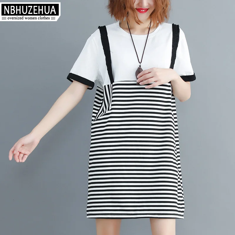 NBHUZEHUA летние платья большого размера в полоску платье футболка женское хлопковое