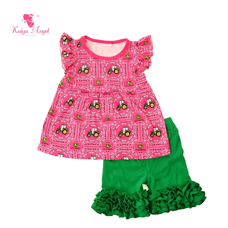 

Kaiya Angel Boutique Kids Clothing Baby Girl Clothes BackTo School Fly Sleeve T Shirt Green Shorts Ruffle Set Baby Girl Summer