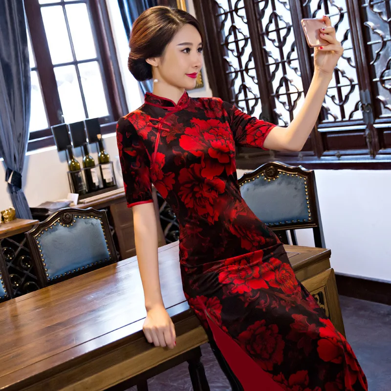 Черный красный длинный тонкий Для женщин Cheongsam Китайский Дамы Велюр Qipao Новинка