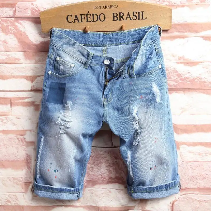 

Light Blue Jeans Men's Summer Hole Fashion Denim Shorts Men's Large Size Cotton High Quality Straight Knee Length Denim Shorts