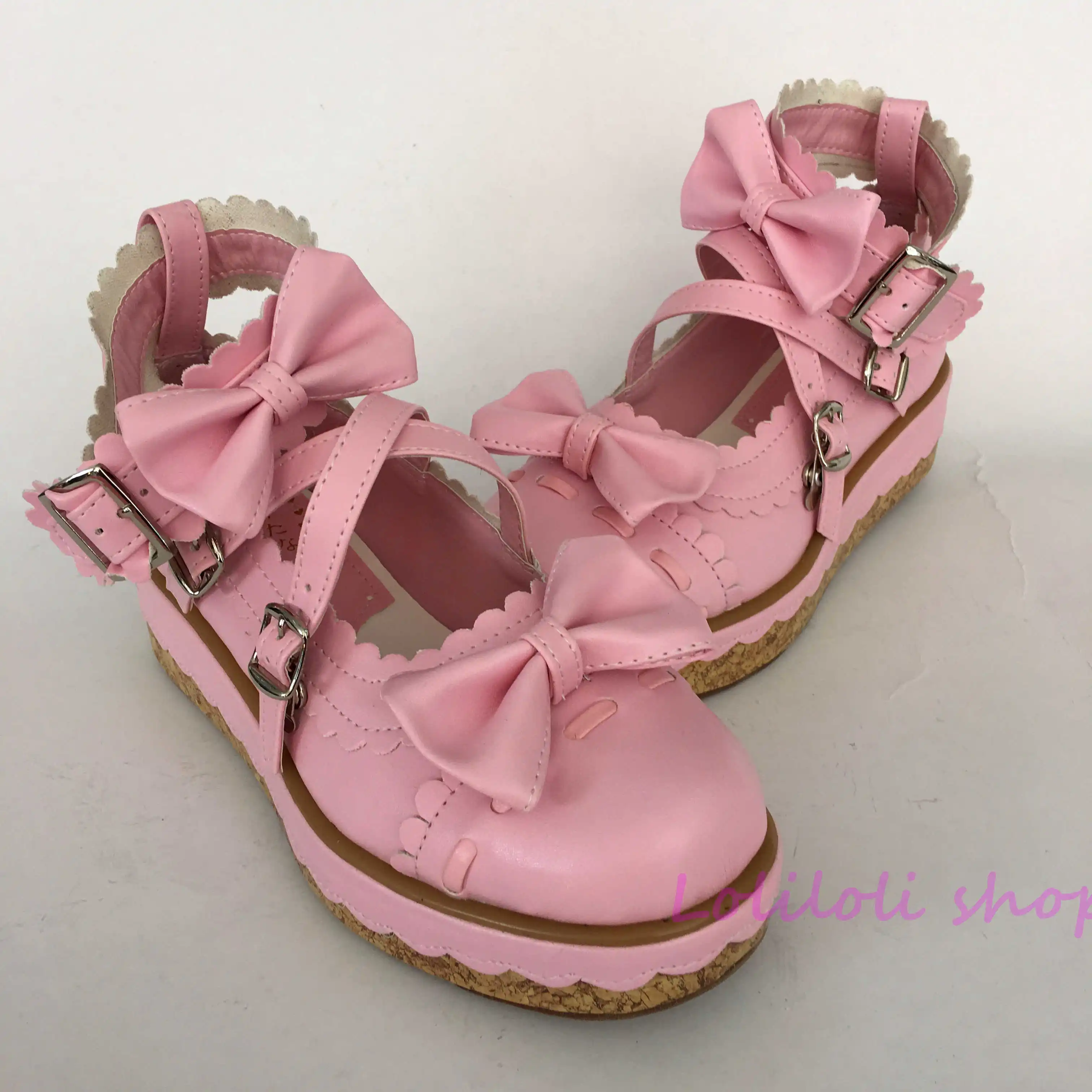 Princess sweet pink lolita shoes Bow buckle Shoe of sponge cake Customer customized large size By hand made lace an2002-8 Обувь