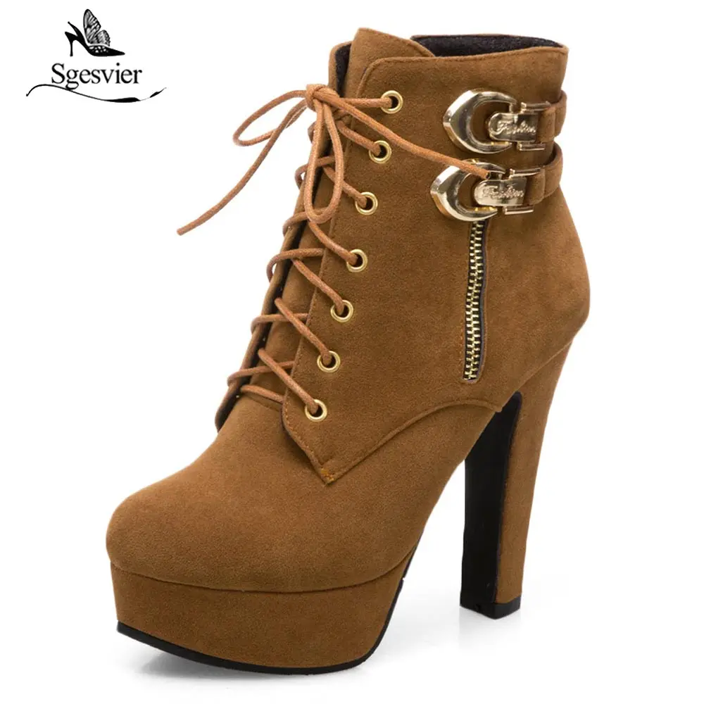 

Sgesvier Women Rock Punk Spike Heel Ankle Boots Platform Ultra High Heel Motorcycle boots Cross Tied Zipper Shoes Woman OX582
