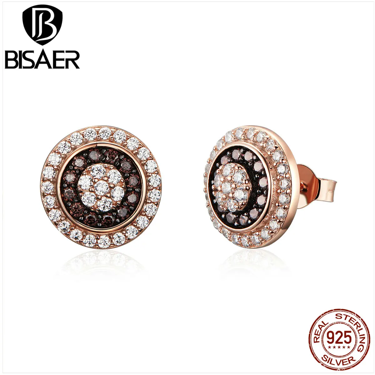 BISAER, настоящие 925 пробы, серебряные круглые серьги-гвоздики для женщин, простые маленькие серьги с цирконием, ювелирные изделия ECE509