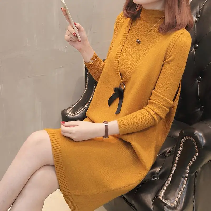 

Autumn Sweater Dress Set Women Fashion V-collar Loose Knit Sweater Dress Vest +Turtleneck Pullover Sweater Two-piece Suits W285