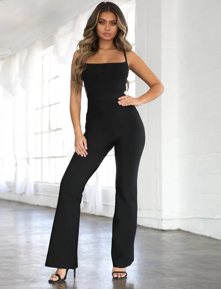

2019 NEW Women black white square collar sleeveless Jumpsuit elegant Bodycon Celebrity evening Party Bandage Jumpsuits