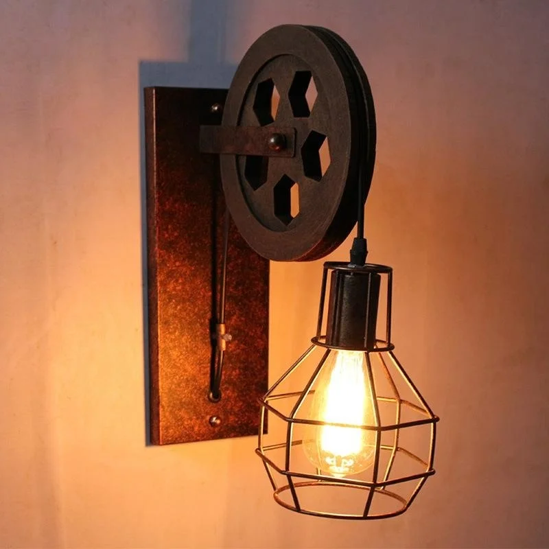 

European antique industrial retro wall lamp Wrought iron lifting pulley wall light American barn wall light fixture Old style