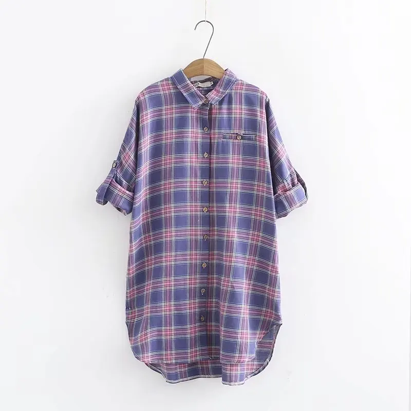 2019 spring new korean version of the fat mm200 plus fertilizer xl women plaid shirt and long sections female backing |