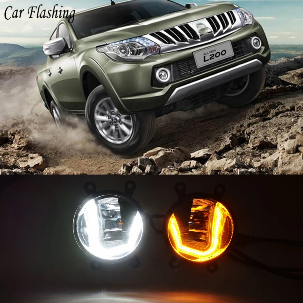 3-IN-1 Functions LED DRL Daytime Running Light Car Projector Fog Lamp with yellow signal For Mitsubishi Triton L200 2013 -2017 | Автомобили