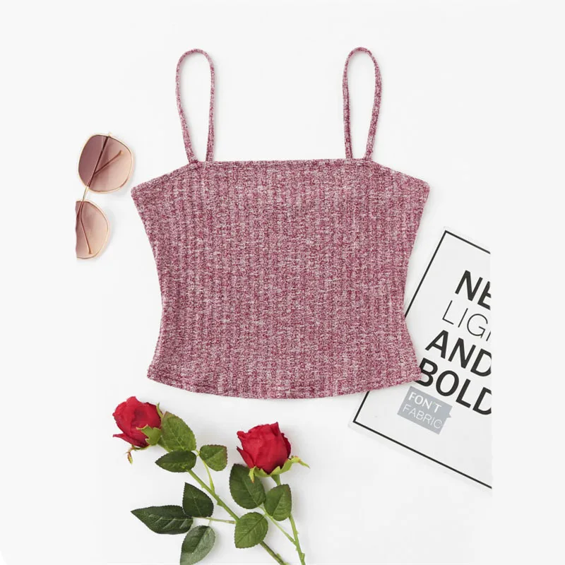 SweatyRocks Rib Knit Marled Cami Top бордовый Повседневный простой женский топ с бретельками Slim Fit Crop Camisole