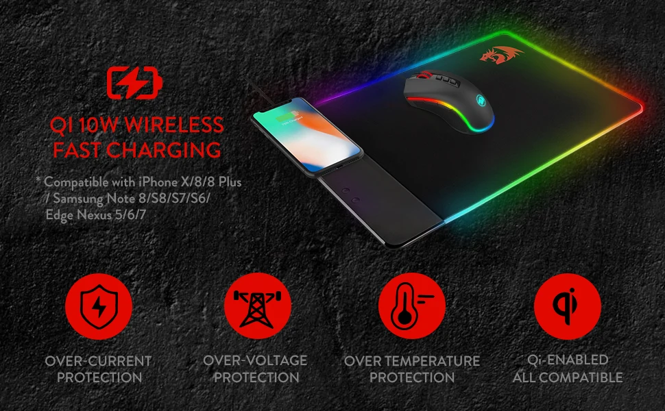 Redragon P025 Qi 10 Вт Беспроводное зарядное устройство Led RGB мышь с подсветкой Pad Xl большой мягкий резиновый игровой коврик для мыши ноутбук Pc Gamer