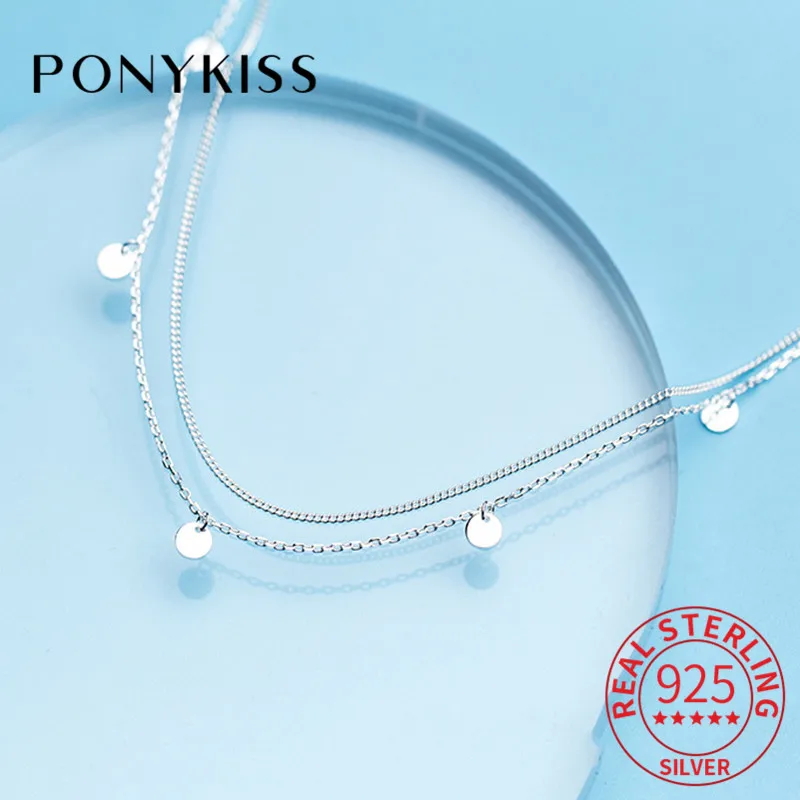 PONYKISS модный стерлингового серебра 925 Двойной Слой Круглый ожерелье с подвеской простое модное аксессуар шикарный подарок для женщин вечерние