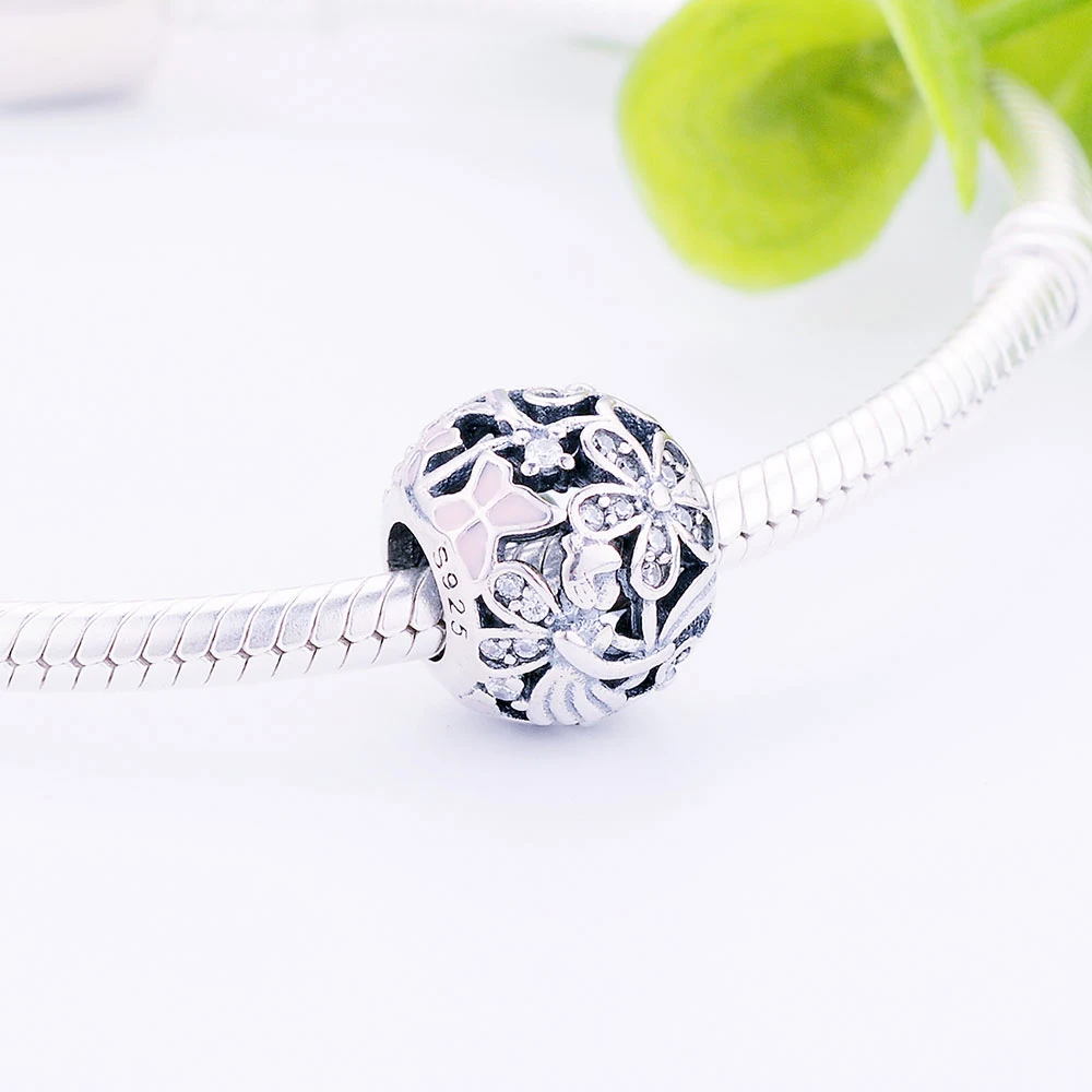 Серебряные бусины 925 пробы, Подходит для Pandora, очаровательный браслет, Ослепительная Фея Маргаритка, подвеска, светильник, Розовая эмаль и прозрачный Cz