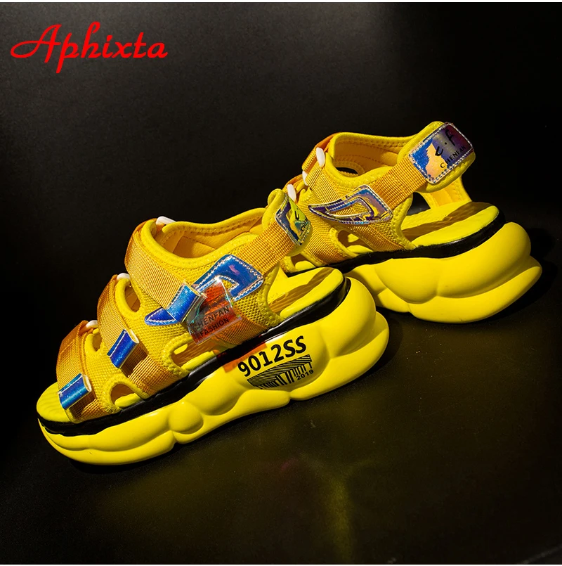 Aphixta Thick Sole Platform Sandals Women Shoes 5cm Wedge High Heels Letters Canvas Summer Yellow Beach Shoes Chunky Sandals