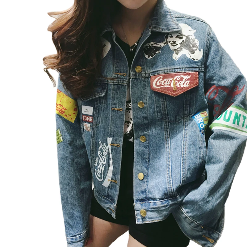 

2019 Spring Feminino Jean Jacket Outerwear Graffiti Denim Jacket Women Streetwear Loose Vintage Coat Single Breasted Casacos