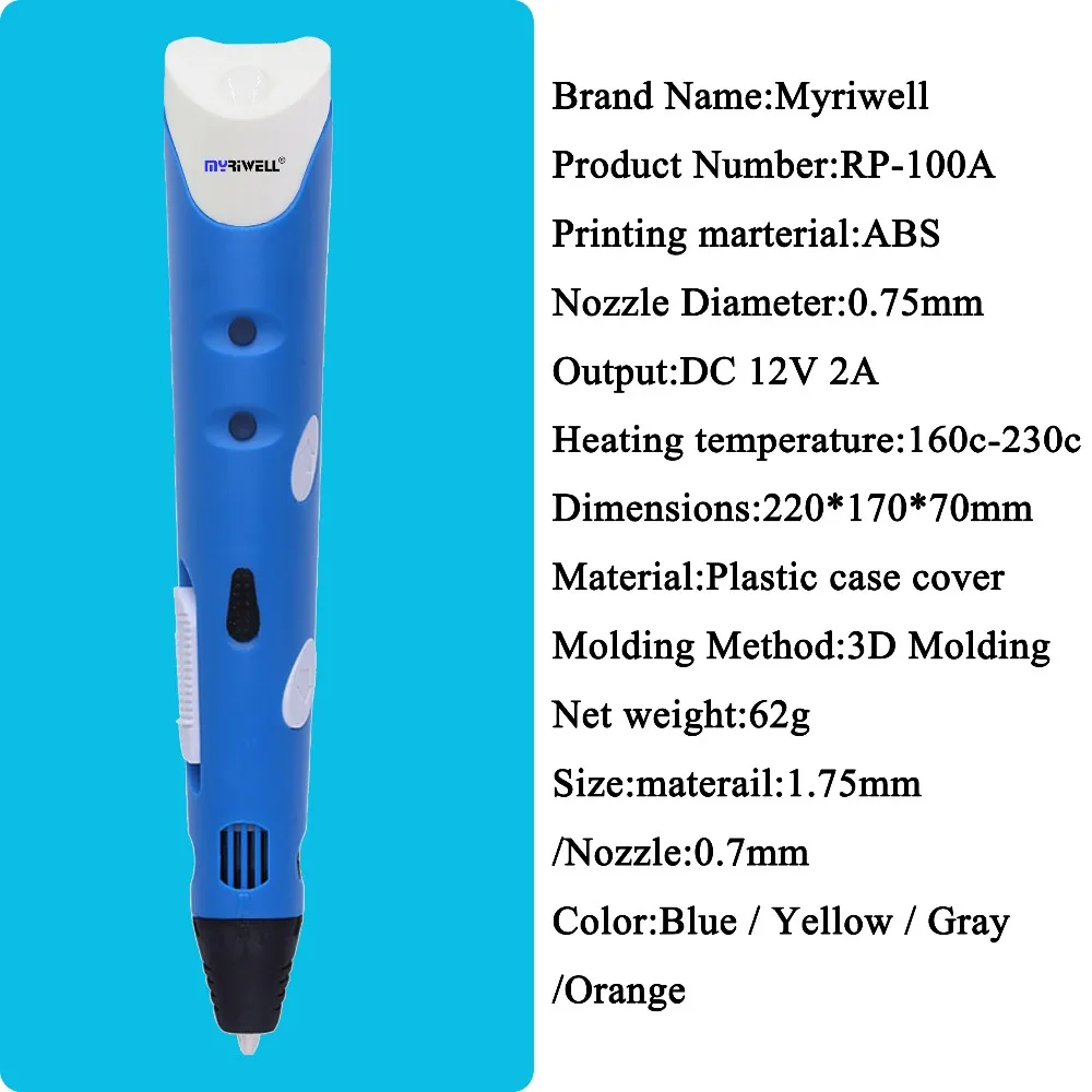 Myriwell 3d Ручка принтер для рисования + 100 м 1 75 мм abs нить печать ручка креативный