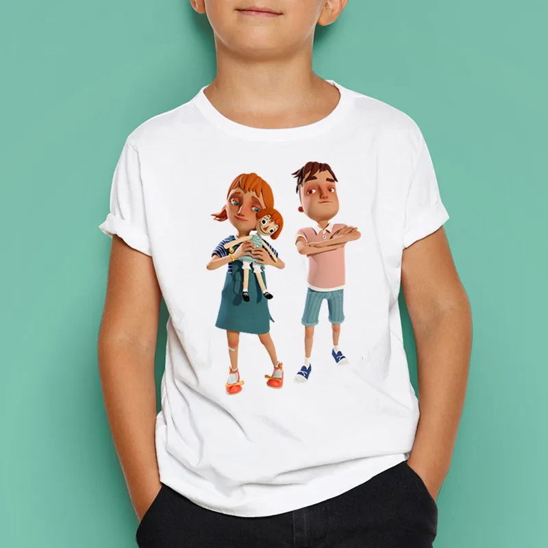 Футболка с короткими рукавами для мальчиков и девочек принтом Hello neighbot в