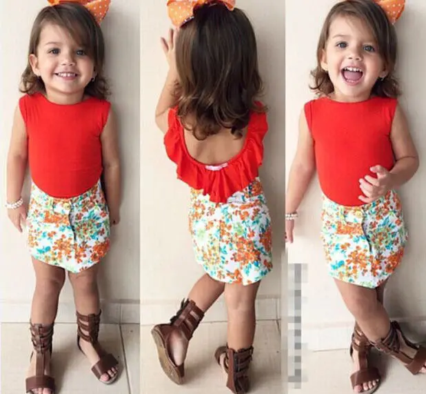 hot new Fashion 2pcs Kids Baby Girls o-neck short sleeve T-shirt Tops+ floral Mini Skirt Outfit Clothes Set | Детская одежда и