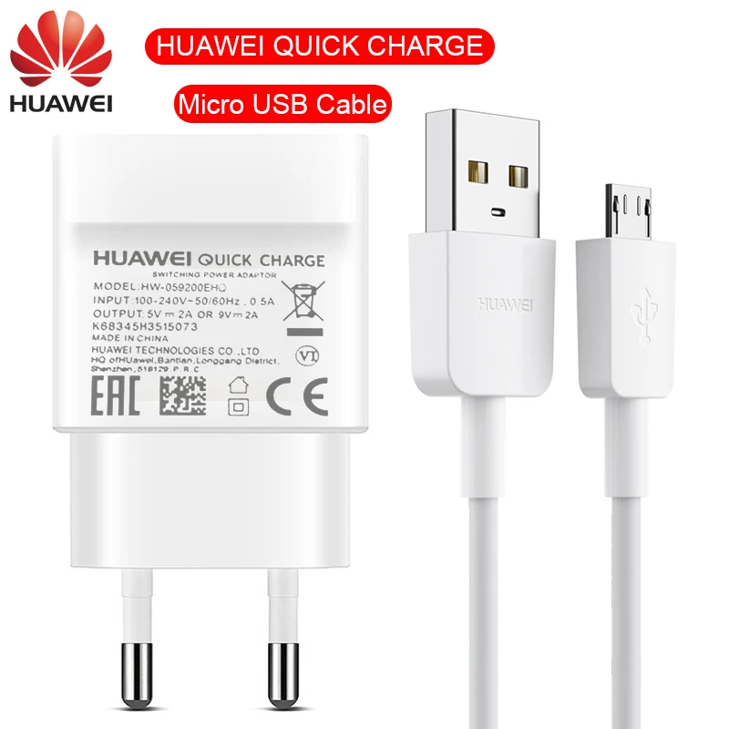 EU Adapter and Cable huawei быстрое зарядное устройство Micro USB кабель P10 lite mate 10 lite USB Быстрая зарядка для P Smart MediaPad M3 Y9 5v9v 2a - Тип штекера: EU Adapter and Cable
