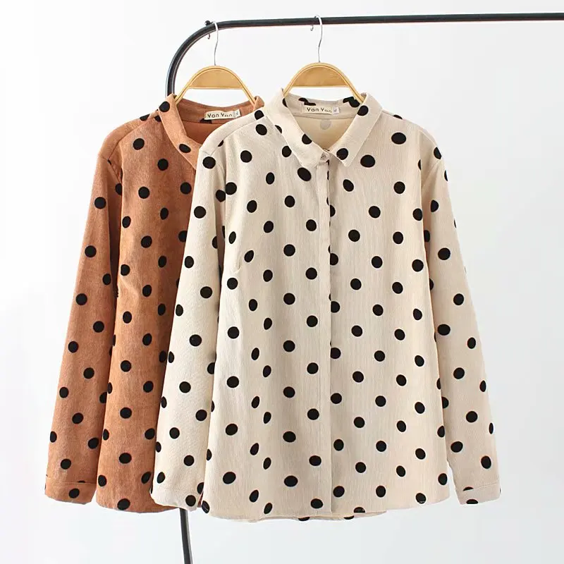 Женская Вельветовая рубашка в горошек с отложным воротником и длинным рукавом