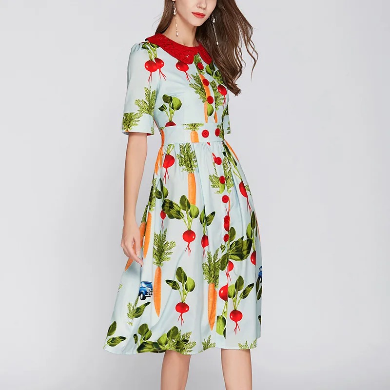 BLLOCUE High Quality Fashion Designer Runway Dress 2020 Summer Women's Short Sleeve Turn-Down Collar Printed Lace | Женская одежда