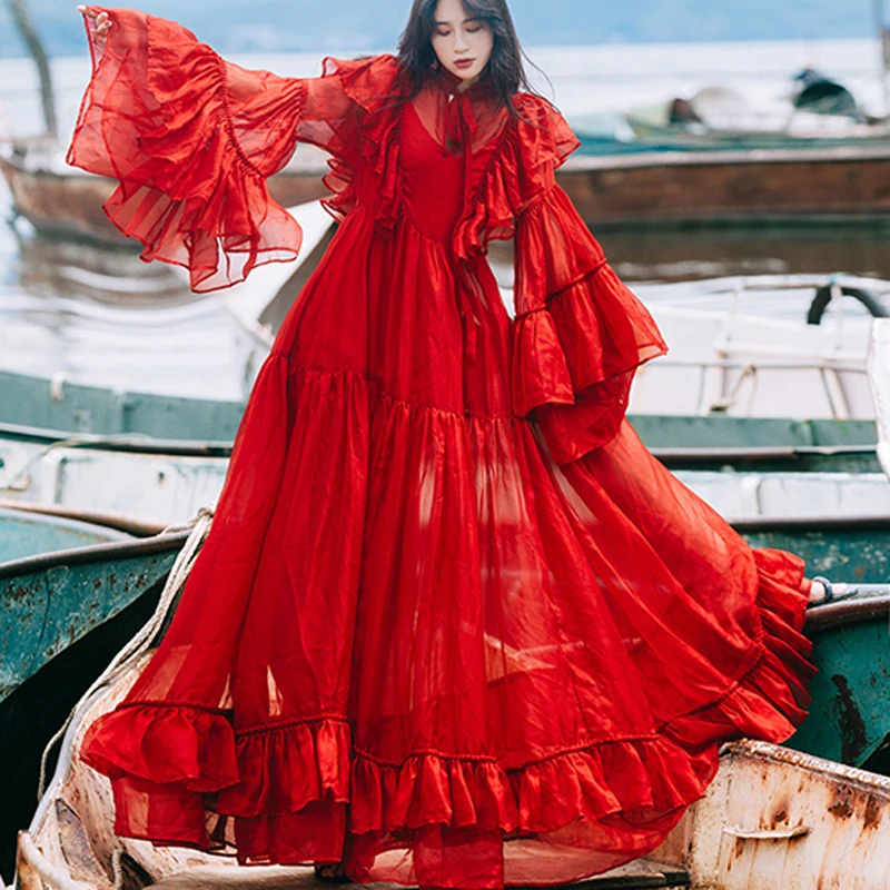 Женское платье макси SHTONGHUA длинное пляжное из шифона с рукавами фонариками на