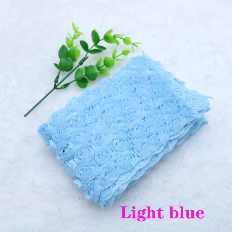 Light blue 1Y/Лот, 13 цветов, цветок розы, 3D, 8 см, шифон, кружевная отделка, лента, ткань для аппликации, шитье, свадебное украшение для головного убора, аксессуары - Цвет: Light blue