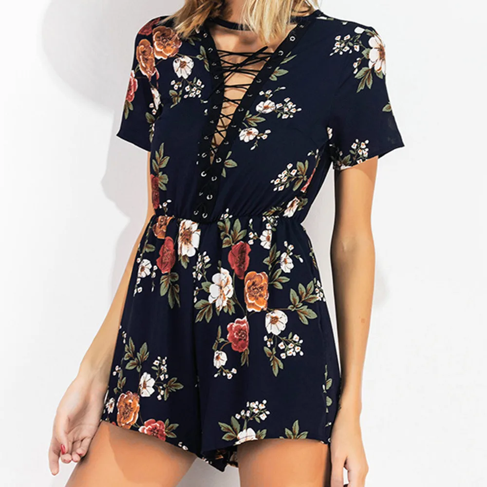 Женский комбинезон на шнурках с коротким рукавом и круглым вырезом