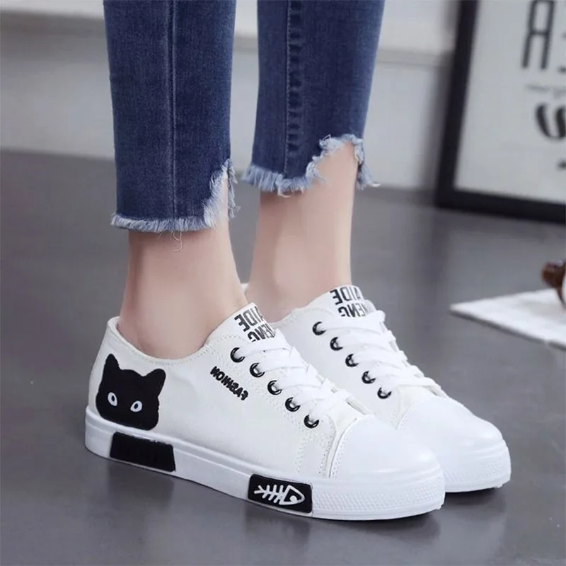 Кеды женские на плоской подошве кроссовки платформе со шнуровкой мультяшный Кот