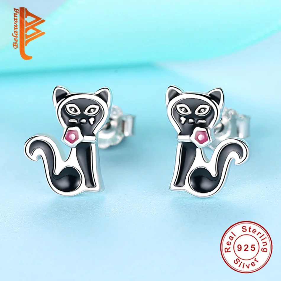 Женские серьги-гвоздики BELAWANG серебряные серьги в виде мультяшного кота черного